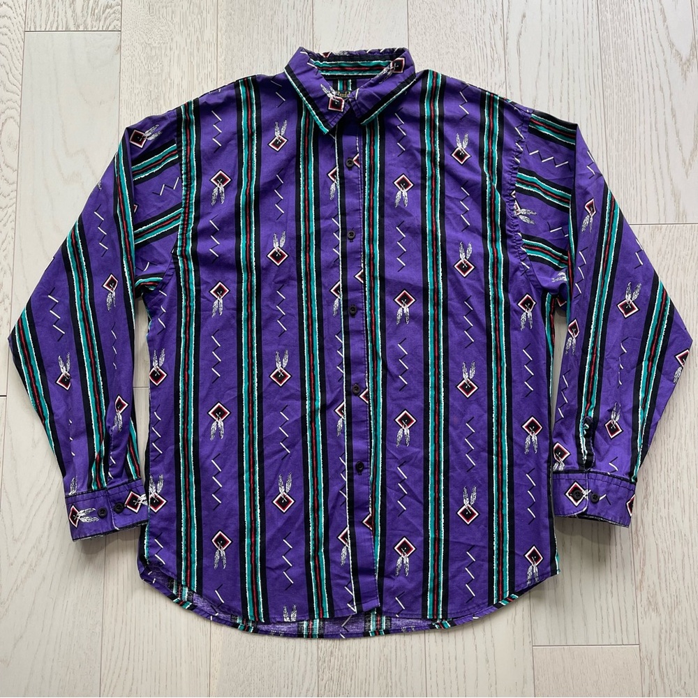 Vintage Ruddock Bros Southwestern Geometric Aztec Feather Print Yoked Button Up